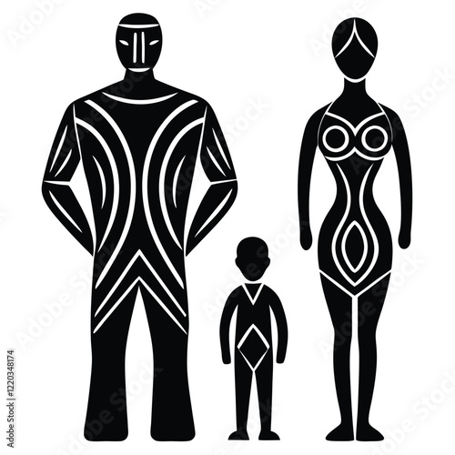 A vector silhouette design of simple, modern clay figurines representing abstract human forms 