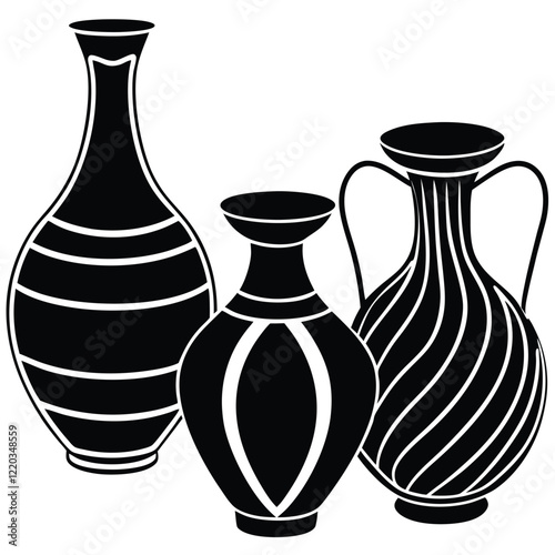 A vector silhouette design of unique sculptures blending clay bases with metallic accents,  