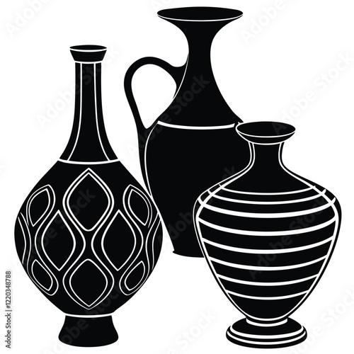 A vector silhouette design of unique sculptures blending clay bases with metallic accents,  