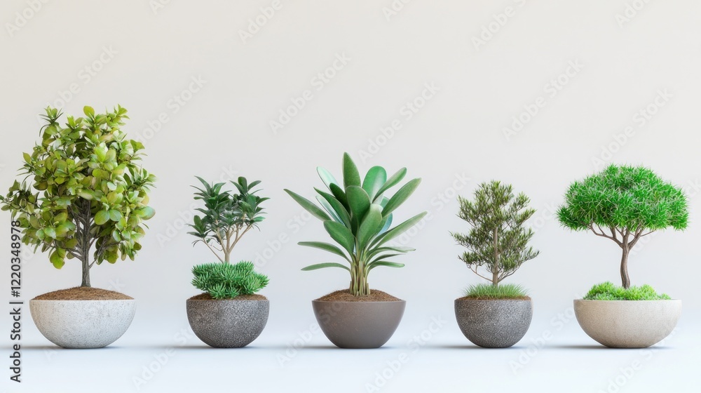 Fototapeta premium Five potted plants in a minimalist setting