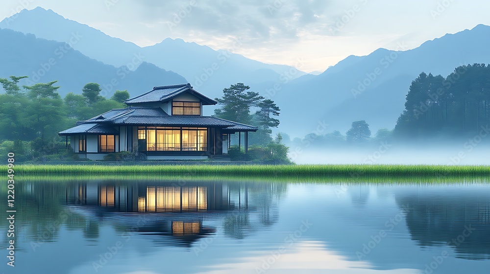 Fototapeta premium Serene Modern Japanese House by Mountain Lake