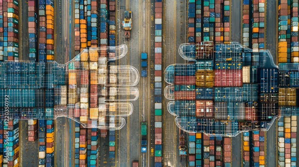 Obraz premium Global trade partnership Aerial view of container port, handshake concept
