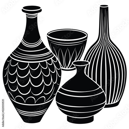 A vector silhouette design of unique sculptures blending clay bases with metallic accents,  