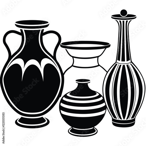 A vector silhouette design of unique sculptures blending clay bases with metallic accents,  