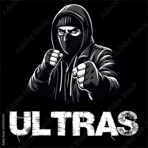 illustration vector graphic of Football fans ultras hooligan wear balaclava and black jacket design for logo, t-shirt, etc