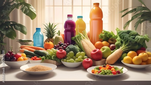 A colorful assortment of fresh fruits, vegetables, juices, and whole grains promotes a healthy and balanced diet.