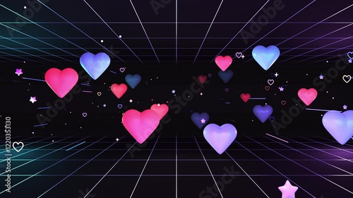 Looped passing through hearts and stars in grid space animation.