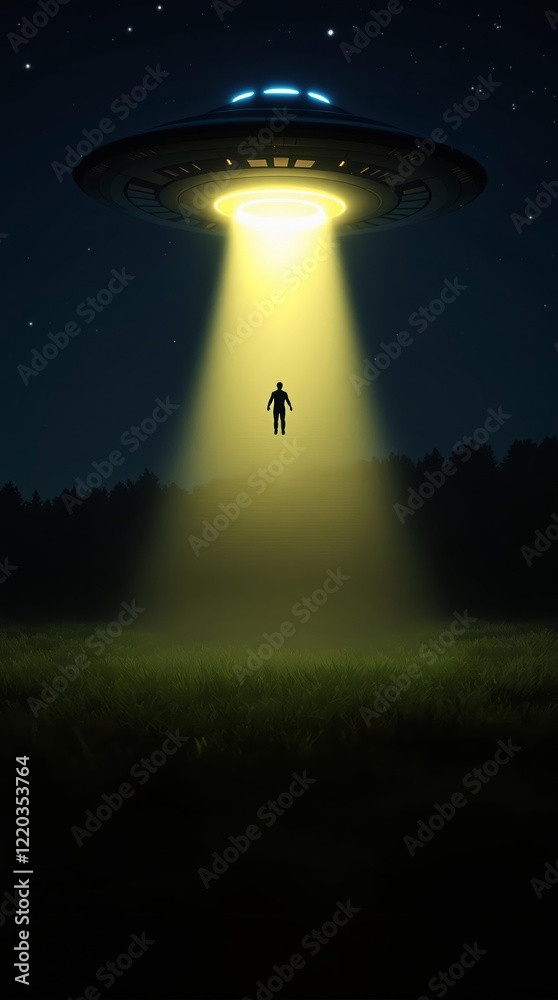 Person being abducted by UFO in a field at night Person being abducted by UFO in a field at night