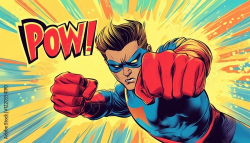 Comic Style Superhero Punching with POW Effect in Dynamic Action Pose