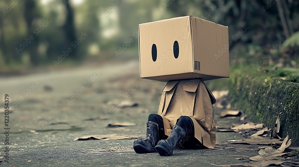 Naklejka premium A cardboard box with a face sits on the ground