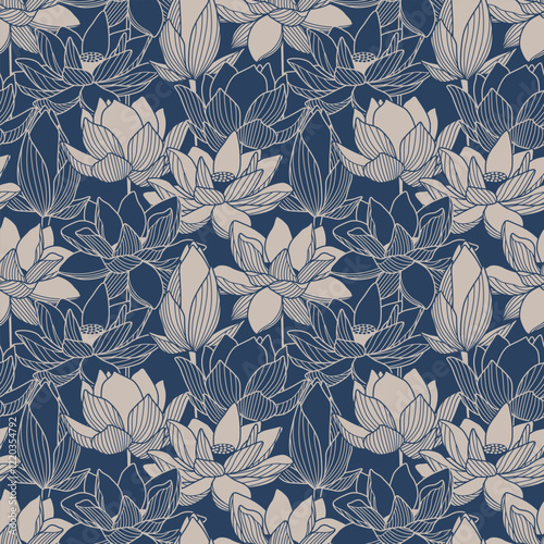 Japanese Classic Lotus Flower Vector Seamless Pattern