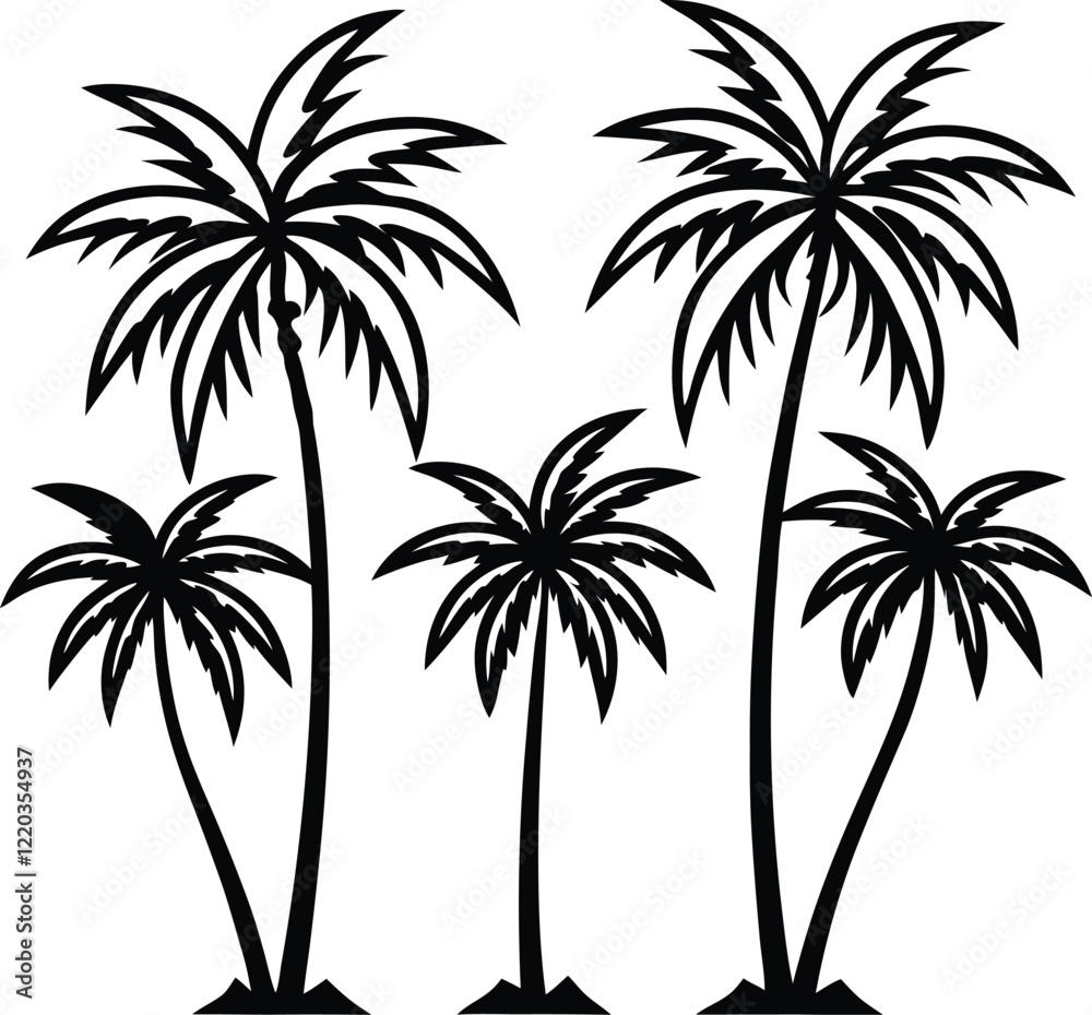 Fototapeta premium Simple, bold black silhouettes of three palm trees against a white background.