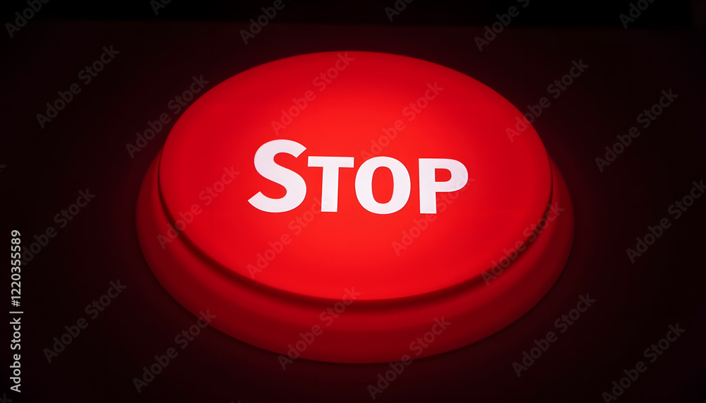 Red stop button glowing on dark background Red stop button glowing on dark background