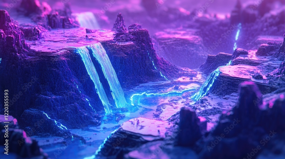 Fototapeta premium High-energy neon blue and purple 3D waves on a pixelated terrain grid, offering depth and a bold visual impact