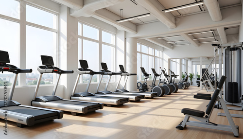 Modern gym interior with fitness equipment and natural light