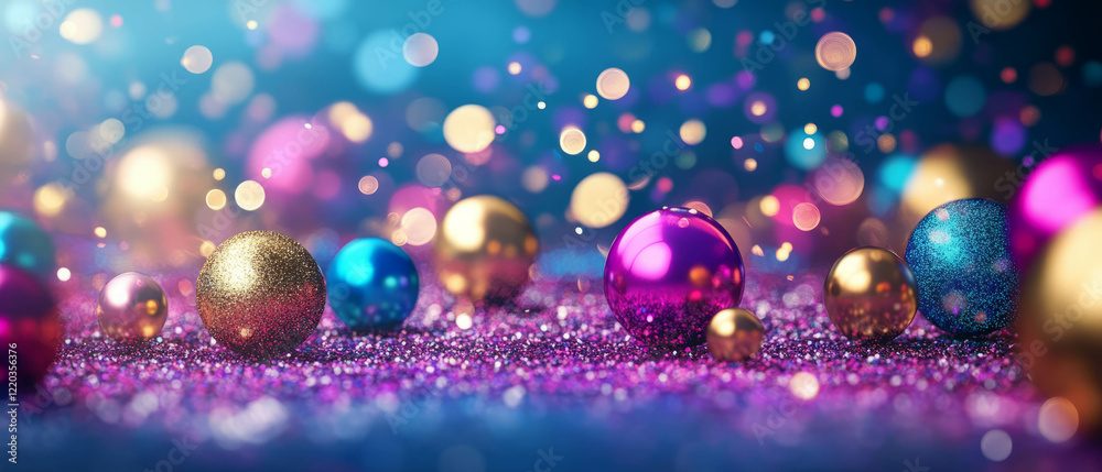Obraz premium Vibrant metallic spheres and swirling glitter trails create dynamic energy in abstract art