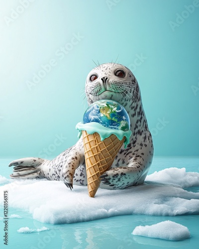 Adorable Seal Enjoying Ice Cream Cone with Earth on Top