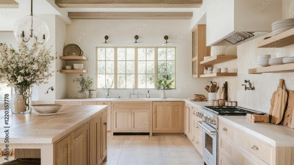 Light wood cabinetry and neutral finishes in a minimalist kitchen with subtle decor and an open, airy layout Light wood cabinetry and neutral finishes in a minimalist kitchen with subtle decor and an open, airy layout