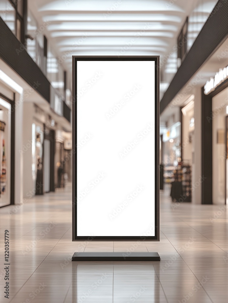 A mockup of an empty vertical blank billboard poster in the middle of a shopping mall, with a clean and minimal background and a blurred store entrance on both sides. A mockup of an empty vertical blank billboard poster in the middle of a shopping mall, with a clean and minimal background and a blurred store entrance on both sides.