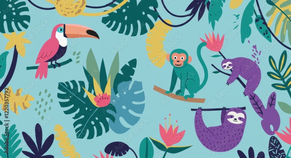 Fototapeta premium A whimsical jungle scene with exaggerated colorful plants and animals designed in a modern flat graphic style