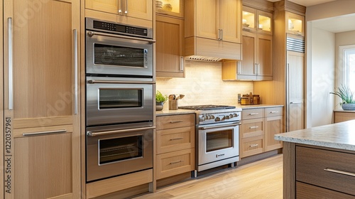 Light wood kitchen cabinets paired with built-in appliances and minimalist decor in a modern home setting