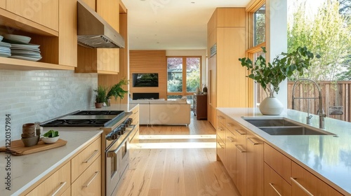 Light wood kitchen cabinets paired with built-in appliances and minimalist decor in a modern home setting
