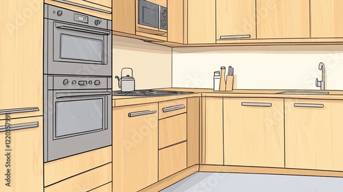 Light wood kitchen cabinets paired with built-in appliances and minimalist decor in a modern home setting