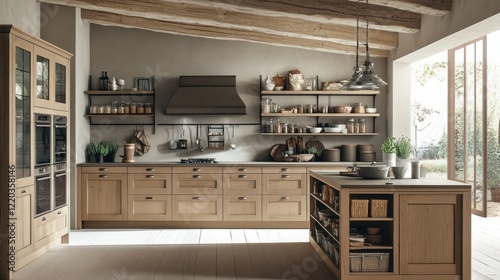 Light wood kitchen cabinets paired with functional open shelving, creating a minimalist yet cozy atmosphere