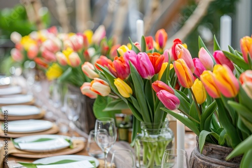 Colorful tulips arranged beautifully on a dining table for a spring celebration with elegant table settings featuring glassware and candles photo