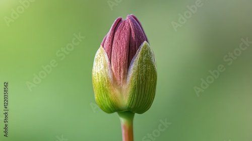 Macro shot of a blooming dark pink dahlia bud with a green background and ample space for text at the top