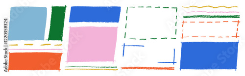 Hand drawn outlined rectangle frames with crayon or chalk texture. Wave and dashed underlines and highlights. Color Vector illustration on a white background.