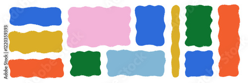Hand drawn grunge square and rectangle shapes with crayon or pastel texture. Wavy text box or frame painted with chalk. Color grunge vector illustration on a white background.