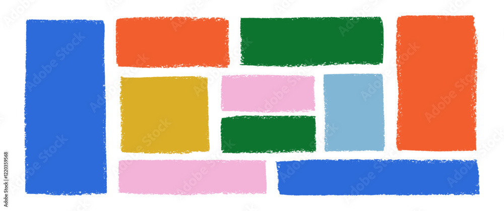 Hand drawn grunge square and rectangle shapes with crayon or pastel texture. Text box or frame painted with chalk. Color vector illustration on a white background.