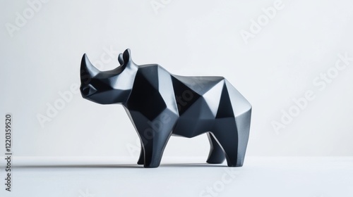 Black geometric rhinoceros sculpture on a minimalist background, showcasing modern art design photo