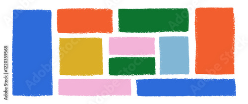 Hand drawn grunge square and rectangle shapes with crayon or pastel texture. Text box or frame painted with chalk. Color vector illustration on a white background.