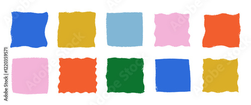 Set of hand drawn square frame boxes with crayon, pastel or chalk texture. Grunge doodle shapes. Color wave and curly vector illustration on a white background.