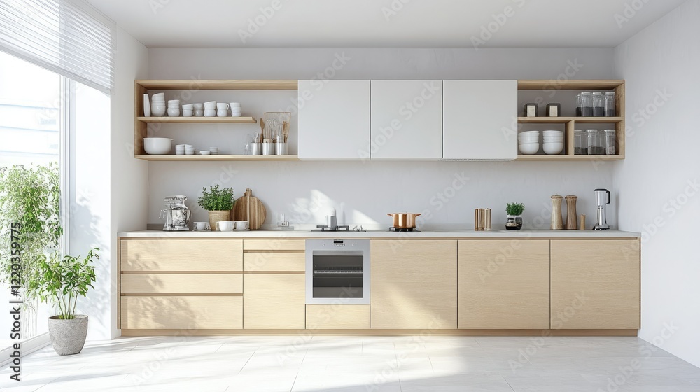 Fototapeta premium Minimalist kitchen with light wood cabinets, open shelving, and clean countertops in a bright, modern space