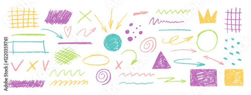 Crayon scribble arrow, underline and square. Grid, dots and waves with crayon texture. Color vector illustration on a white background.