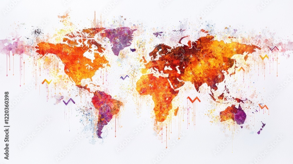 Obraz premium A colorful watercolor map of the world, showcasing continents in vibrant orange, purple, and yellow hues against a white background.