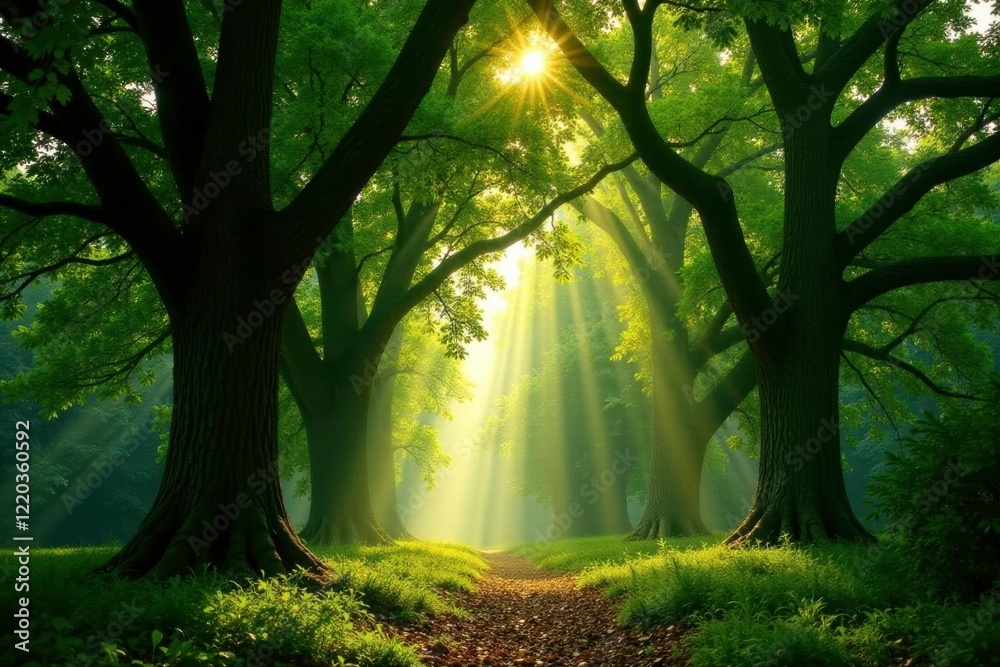 Fototapeta premium Dense canopy of towering oak trees with filtered sunlight, trees, wilderness