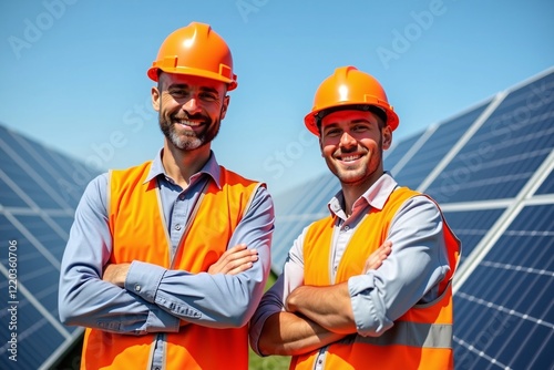 Two engineers wearing safety vests by solar panels at construction site