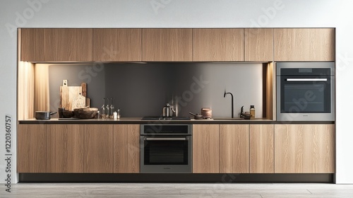 Modern kitchen featuring wooden cabinets, built-in stainless steel appliances, and a sleek, minimalistic design