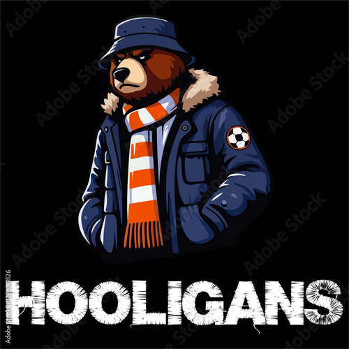 illustration vector graphic of a Bear being Football fans ultras hooligan casual wear parka jacket and wear football scarf design for logo, t-shirt, etc