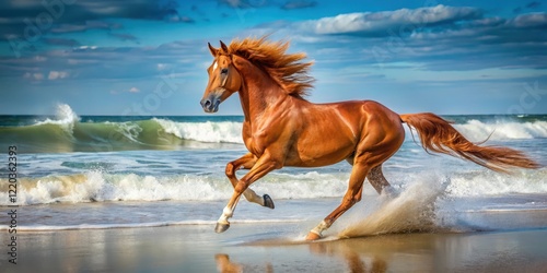 A chestnut horse running freely along a sandy beach with waves crashing in the background, its mane and tail flowing in the wind , horses, animal movement photo