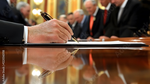 Politician signing bill, Capitol building, colleagues watching, legislation