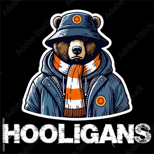 illustration vector graphic of a Bear being Football fans ultras hooligan casual wear parka jacket and wear football scarf design for logo, t-shirt, etc