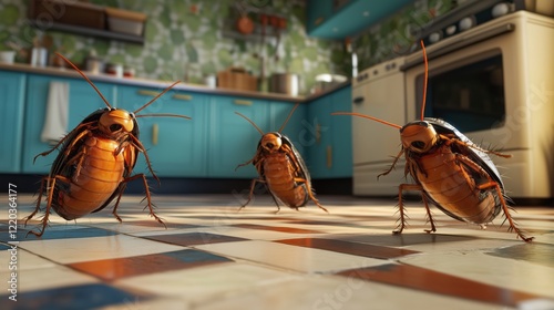Cockroaches. Close-up of cockroaches crawling on a tiled kitchen floor with modern cabinets in the background. Importance of pest control and prevention for maintaining household