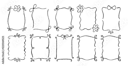 Hand drawn scribble kids frame set with pastel or chalk texture. Doodle decoration with flowers and bows. Crayon vector illustration.