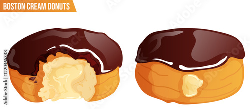 Boston Cream Donut Pies Chocolate Glazed. Bitten & Whole Doughnuts with Custard Filling