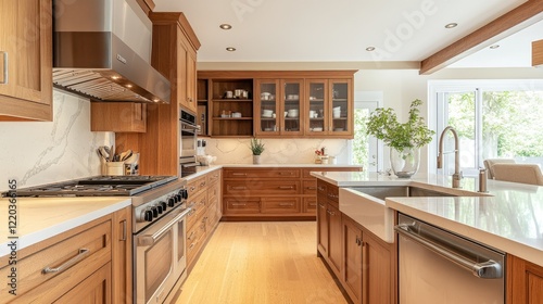 Stylish kitchen interior with wooden cabinetry, integrated appliances, and a neutral color palette for a contemporary look